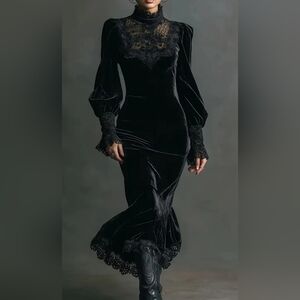 Elegant Black Lace Velvet Dress
